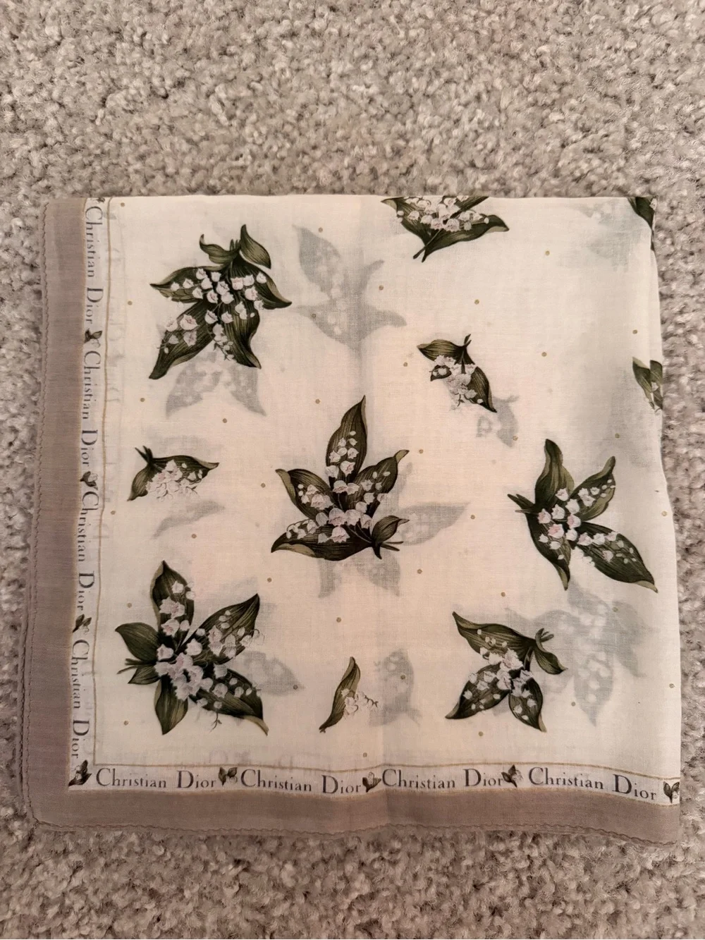 Dior Cream Silk Napkin with Green Floral Motif